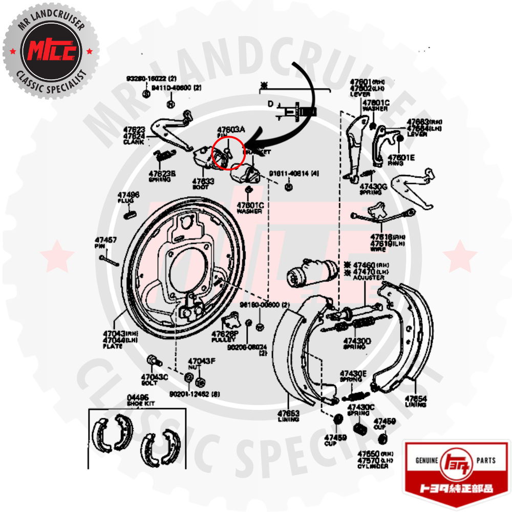 diagram of Genuine Pin Rear Bell Crank Bracket Rear Drum Brake suits 70 series Toyota Landcruiser