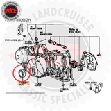 Technical diagram of a Land Cruiser engine with labeled parts and MLE branding.