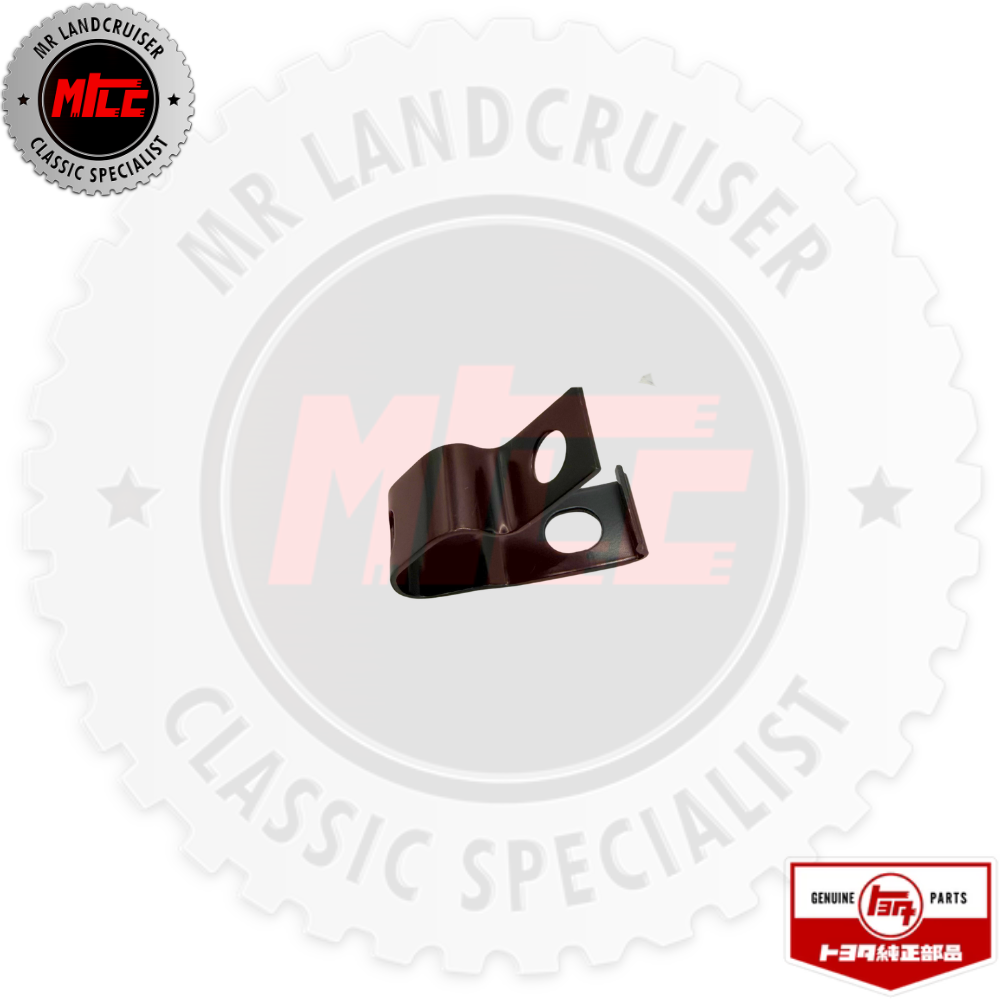 A small black metal bracket or clip shown on a white branded background with MR Landcruiser text and a red authenticity badge in the lower right corner.