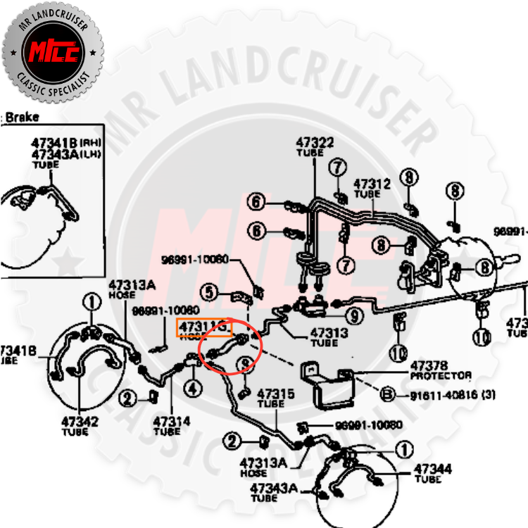 Genuine brake Hose Front from Master Cylinder suits 40 Series Landcruiser
