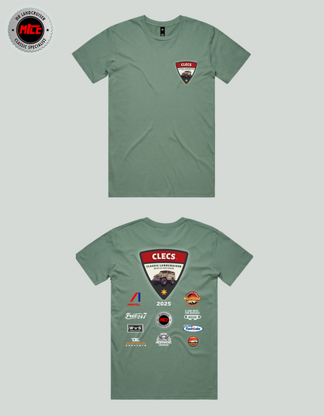 CLECS 2025 Green t-shirt with brand logos on a gray background
