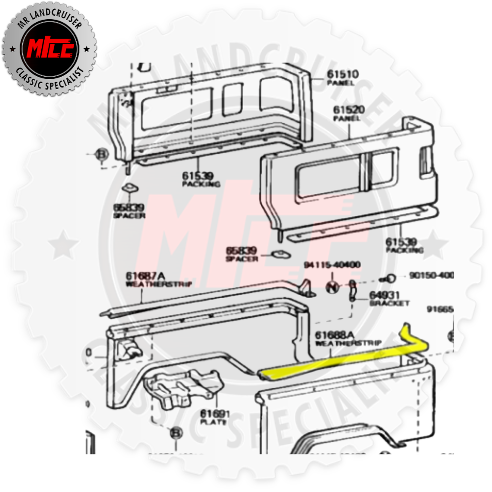 Technical diagram of a vehicle panel assembly with labeled parts and MLC logo.
