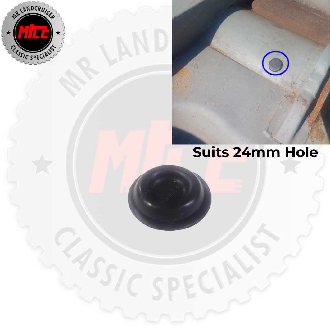 Black rubber grommet with a 24mm hole and MLE Landcruiser Classic Specialist branding.