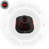 Black rubber bushing with branding on a white background