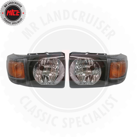 Aftermarket Headlight Set suits 79 Series Landcruiser 70th Anniversary Style Black 
