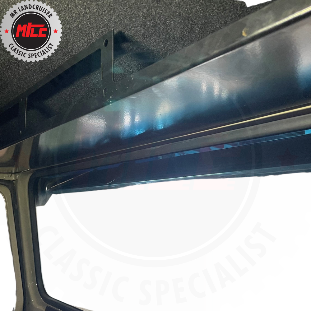 Black powder coated overhead storage console for 40 series toyota landcruiser